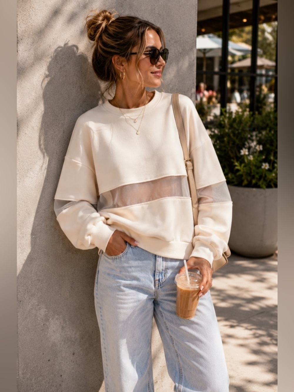 Anthropologie Cream Mesh Panel Sweatshirt Oversized Pullover Petite Large NWT
